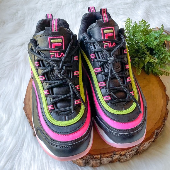 FILA Neon Pink & Green Black Sneakers Women's 7 Chunky Tennis Shoes - Picture 2 of 8